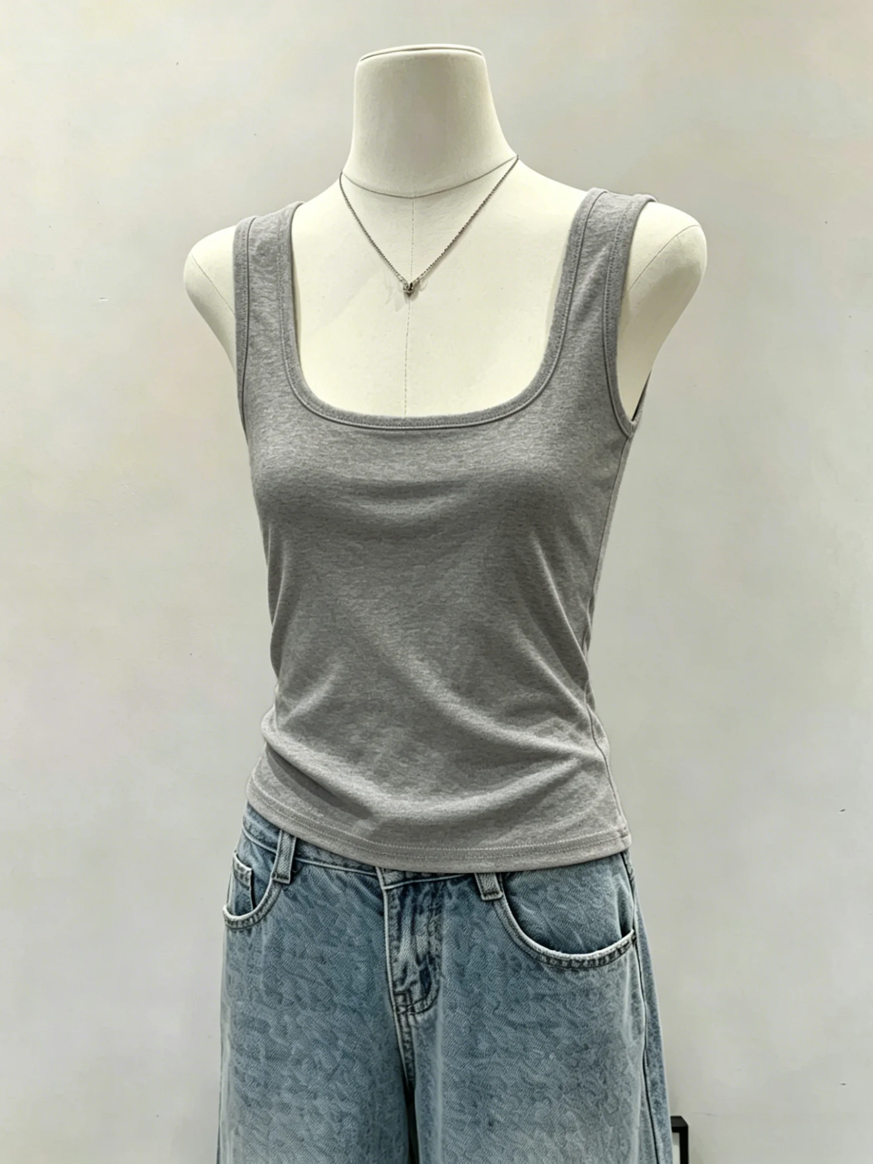 Low-Neck Strap Vest Women's Spring Summer Slim Fit Sleeveless Cotton 95% Elastic Fiber Control Underwear Top