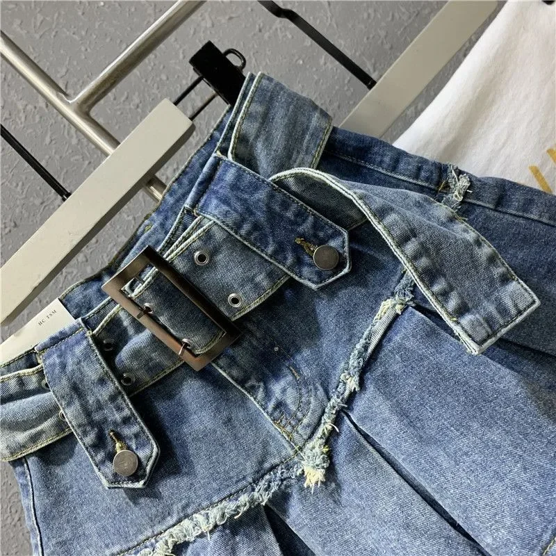 Denim Pleated Skirt Korean Fashion Women High Waist A-Line Sexy Jean Mini Skirt Retro Hot Girls Summer Short Skirts Womens C517