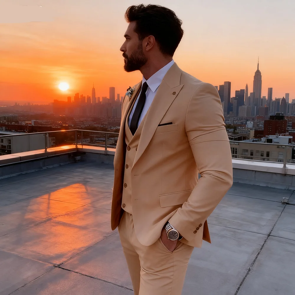 

3PCS Men's Tuxedo Suits Set with Peak Lapel Blazer Double Breasted Vest And Pants for Wedding And Business Casual Occasions