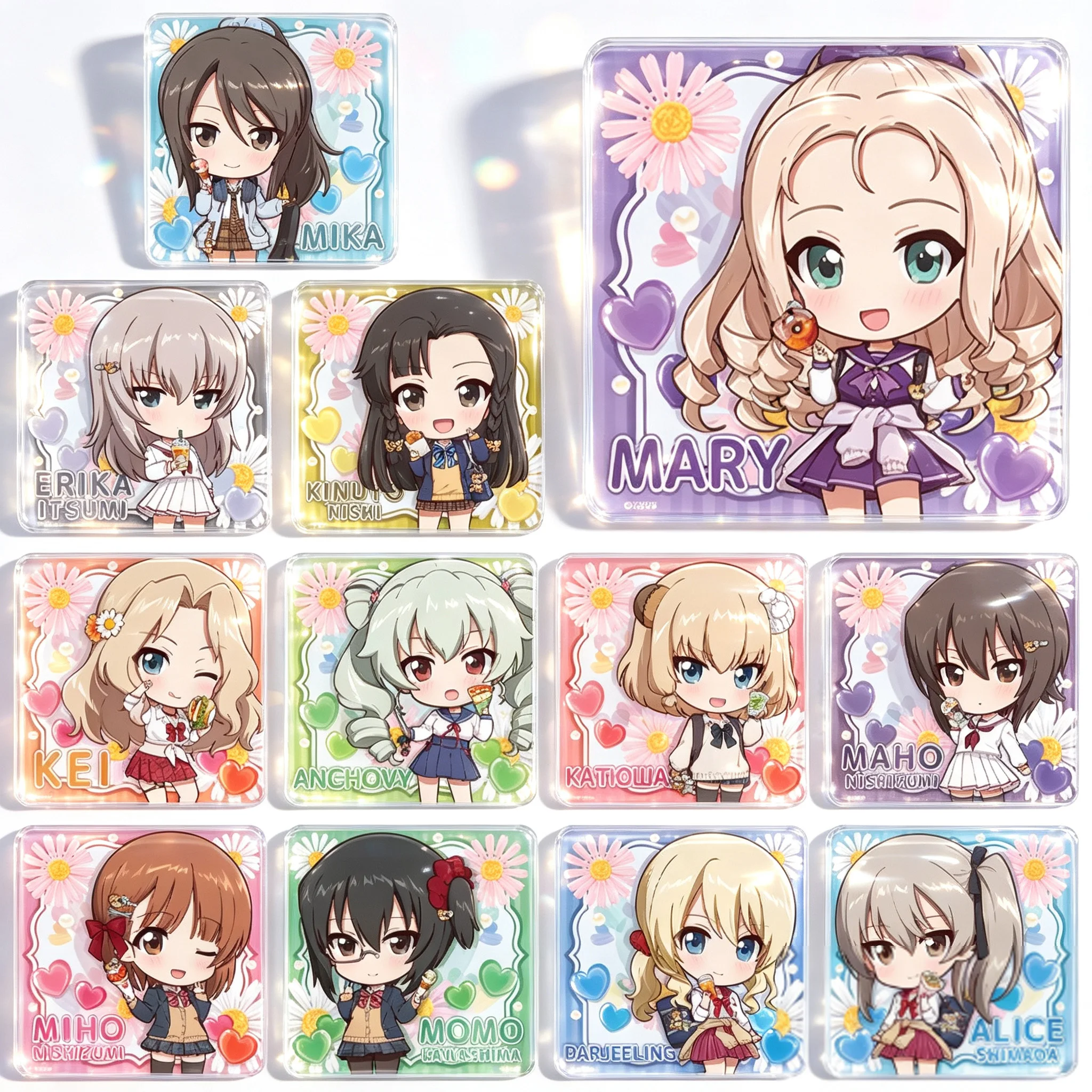 Girls und Panzer Flower Heart Coaster Pattern Mat Mika Mary Erika Itsumi Kinuyo Nishi Alice Anchovy Acrylic Keychain Collection