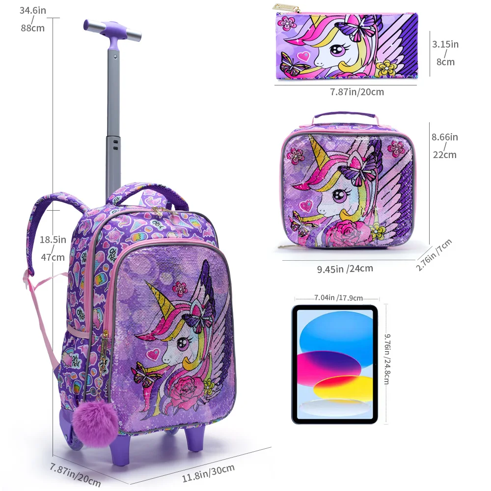 3PCS set Rolling Backpack For Girls Wheeled School BookBag With Lunch And Pen Bag Purple Unicorn Cute sequin Glow-in-the-dark