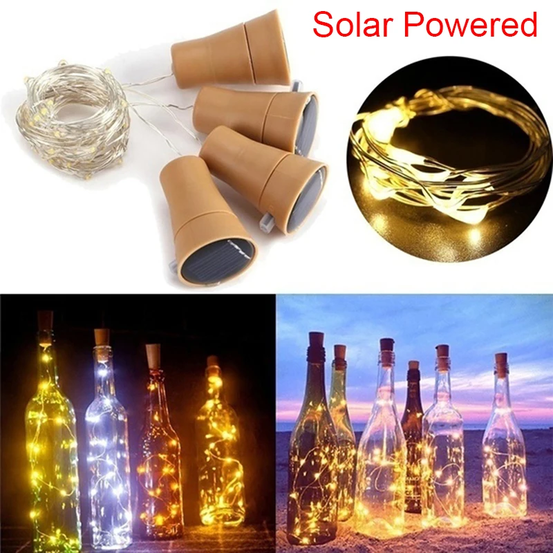 Solar Powered Wine Bottle Cork Shaped LED Copper Wire String Outdoor Light Garland Lights Festival Outdoor Fairy Light 1M/2M