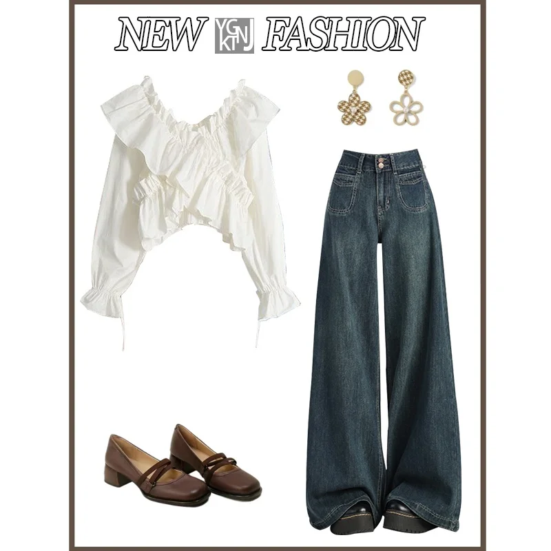 

Весенний топ больших размеров V-Ne ort, женский уникальный дизайн, утягивающие широкие джинсовые брюки с высокой талией, комплект из двух предметов, Faionable Ca...