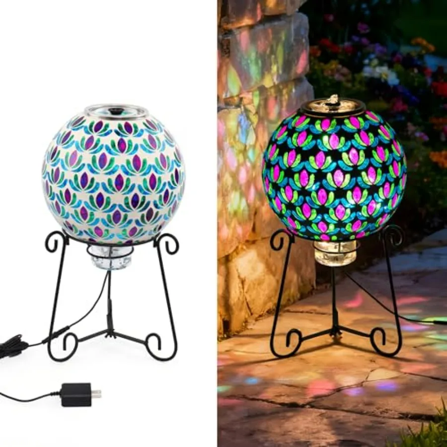 

Mosaic Glass Fountain Floor-Standing Lighted Water Feature with Quiet Pump Indoor/Outdoor Decorative Accent Lighting for Garden