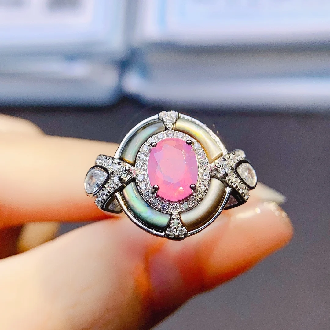 

Oval Pink Opal Engagement Natural Opal Promise Ring in 925 Sterling Silver Pink Opal Rings For Gift