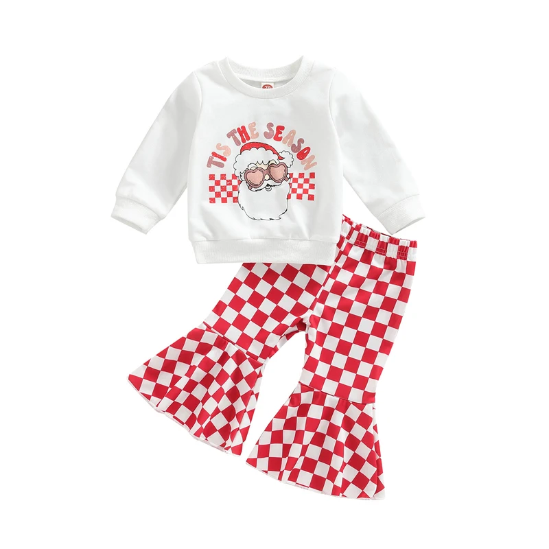 

Christmas Baby Girls Clothes Fashion Outfits Santa Print Round Neck Long Sleeve T-shirt Tops and Casual Plaid Flare Pants Set