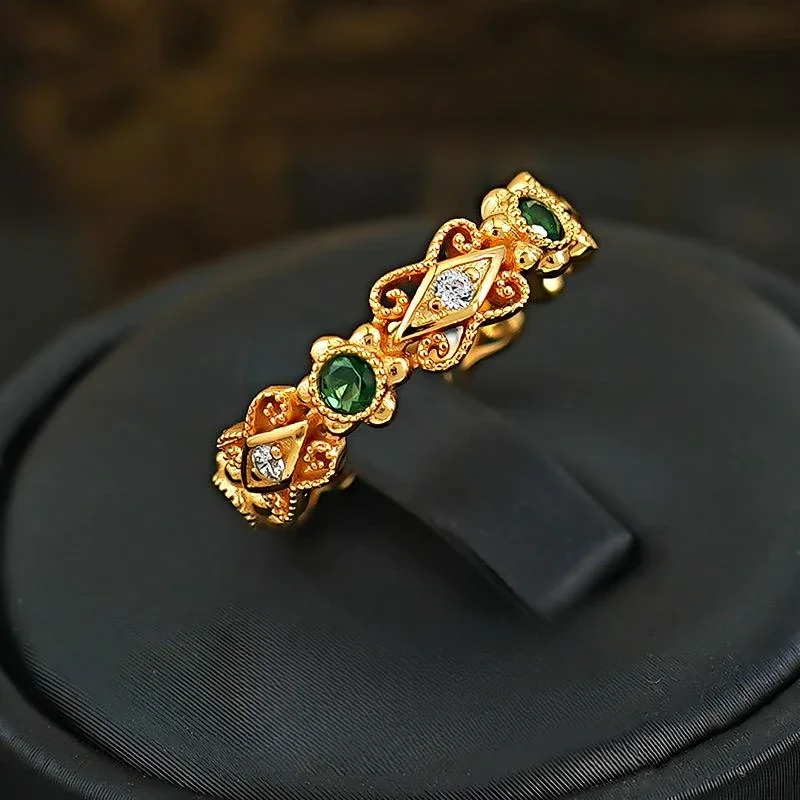 Classical Lace Lined Ring 925 Silver Plated Gold Court Retro Floral Silk Bead Edge Layered Emerald Green Ring for Women