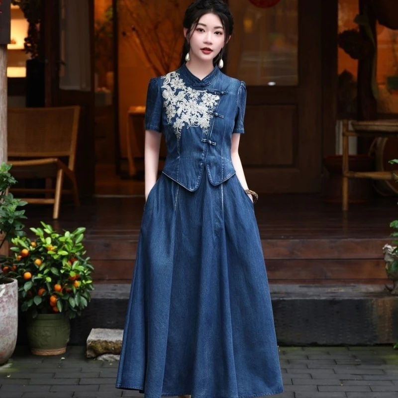 

2025 Summer New Vintage Chinese Style Short Sleeve Embroidery Skirt Set for Women , Woman Designer Slim Long Dresses