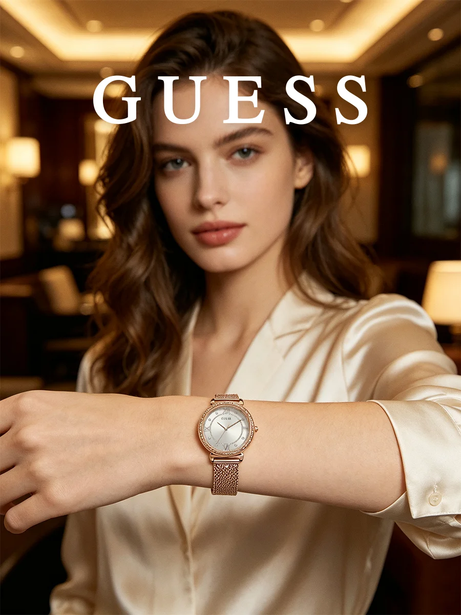 Guess Women's Watch Rose Golden Tone Mesh Stainless Steel Analog Quartz Wristwatch Rhinestone Bezel Crystal Accents Casual Daily