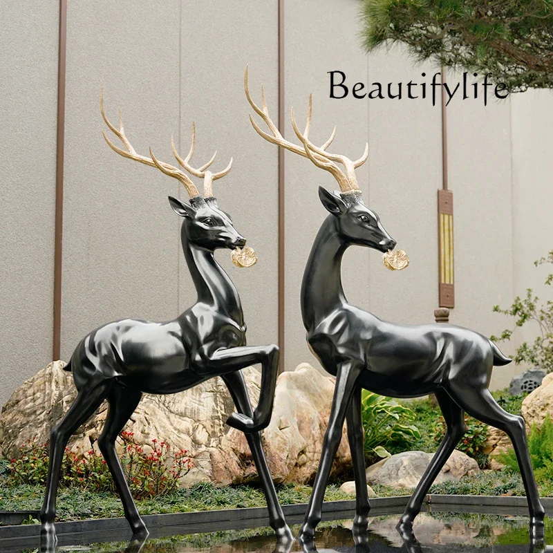 Abstract fiberglass hotel sculpture club lawn sales department modern decoration imitation copper sika deer ornament