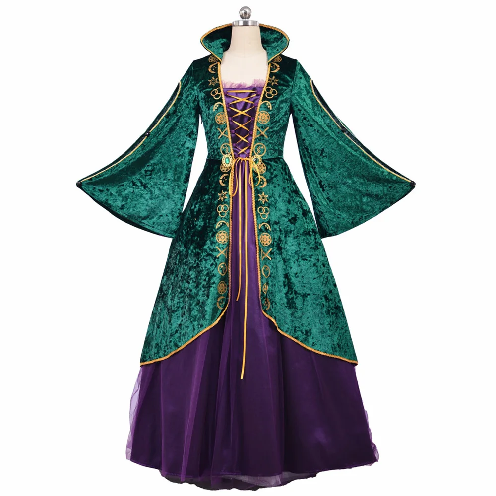 

Movie Cosplay Medieval Witch Costume Women's Green Velvet Robe Dress Halloween Carnival Party Ball Gown