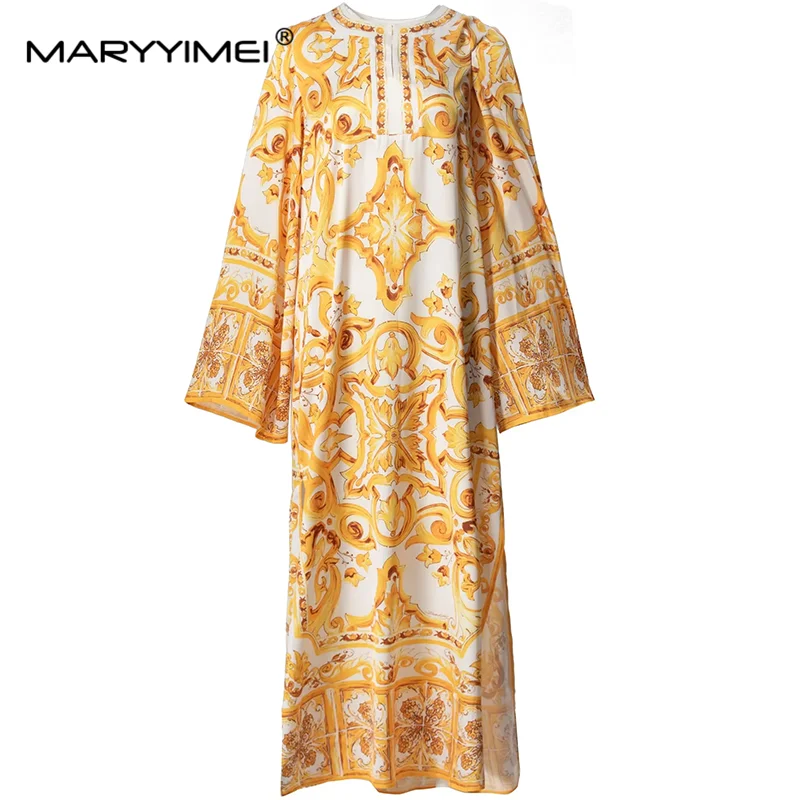 

MARYYIMEI Autumn Women's Dress Flare Sleeved Loose Waist Beautiful Baroque Print Beach Vacation Party Dresses