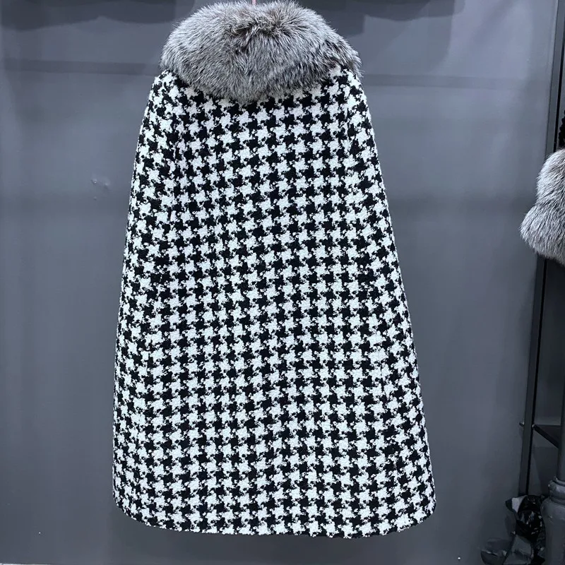 2023 Woolen fur,Branded Style Autumn Winter Windproof Wool Blend Fur Long Cape Coat For Women Top Qulity Real Silve Fox Fur Wool