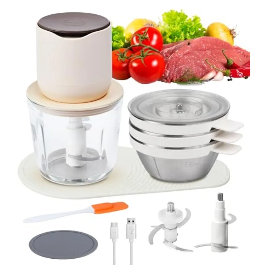 

4-in-1 Small Food Processor Cordless Set with 600ml Glass Bowl 3*240ml Stainless Steel Bowls and 3+4 Blades USB-C Rechargeable