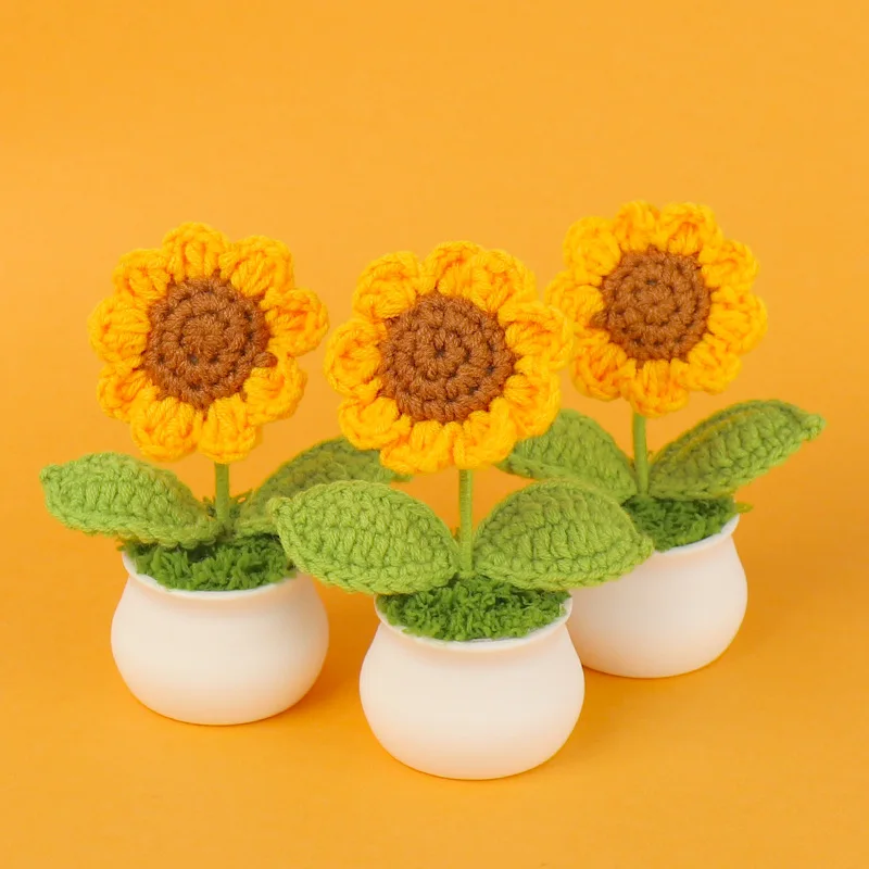 1PC Sunflower Crochet Flowers Knitted Flower Bouquet Finished Handmade Plant Creative Fake Flowers Wedding Party Home Decor