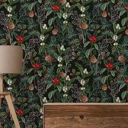 Dark Botanical Wallpaper Peel and Stick ,Green Leaves Wallpaper ,Vintage Floral Wallpaper, Botanical Plants Wall Paper Roll
