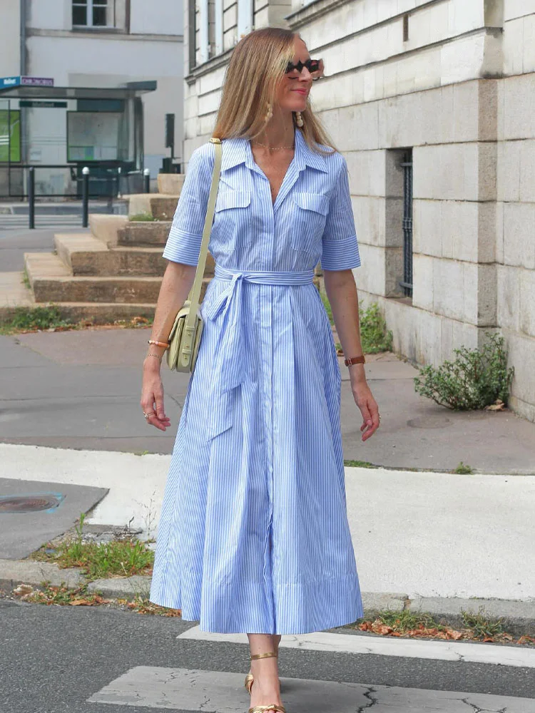 HH femmes mode revers manches courtes poche simple boutonnage ceinture décorer robe Midi femme été élégant mince robe plissée