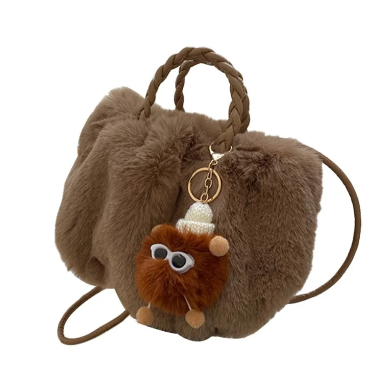 High Quality Women's Plush Handbag Luxury Faux Fur Magnetic Buckle Close Handbag Soft Smooth Soft Handle Pull Bag