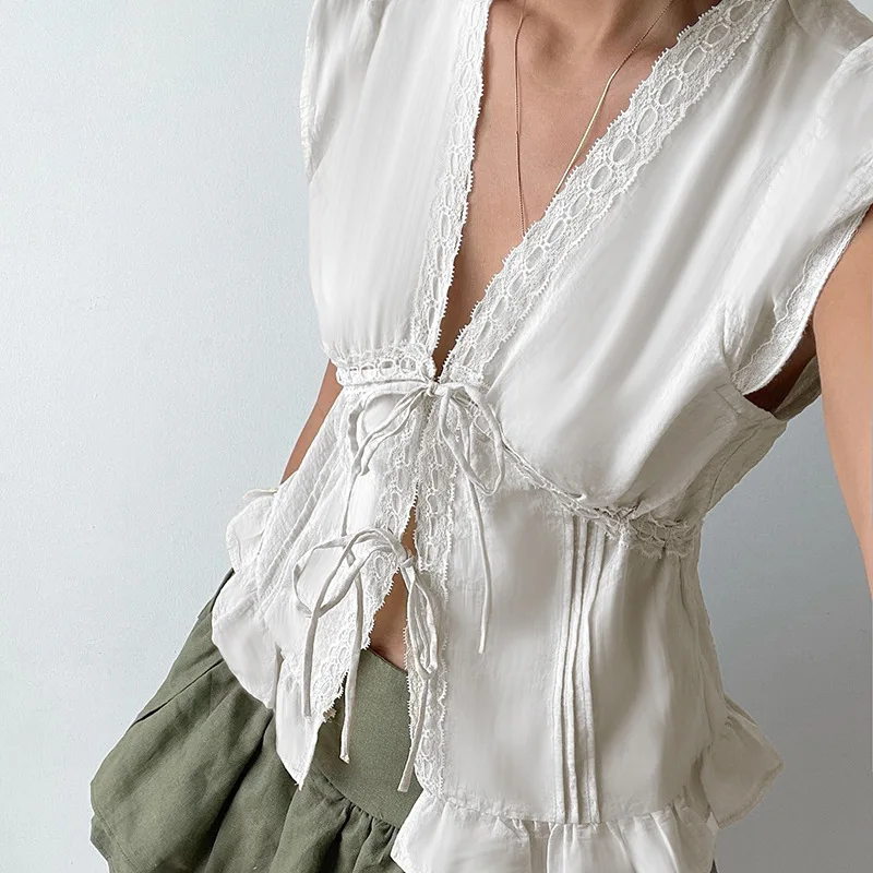 Y2K 하라주쿠 레이스 패치워크 레이스 트림 프론트 타이업 셔츠 여름 카와이 민소매 크롭탑 여성용 프레시 스윗 러플 엣지 탱크탑