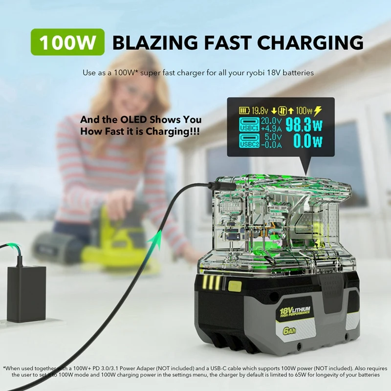 Chargeur rapide de batterie au lithium pour RYOBI, chargeur bidirectionnel, port USB, PSC, 18V, ONE +, 100W