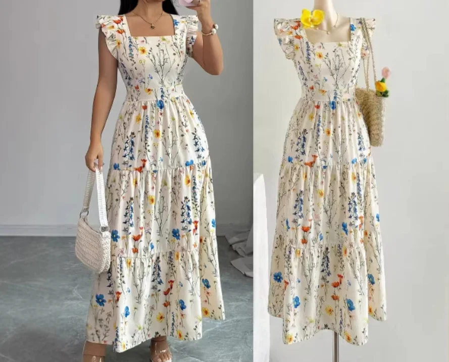 

Women's Dress Summer New Fresh and Sweet Style Color Blocked Flower Print Square Neck High Waist Flying Sleeve Vacation Dress