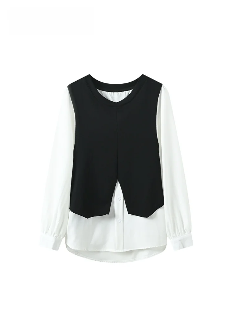 

plus Size Knitted Long Sve T-irt Women's Spring Faion Sle Design Sense Fake Two-Piece Knit Vest Big Sister