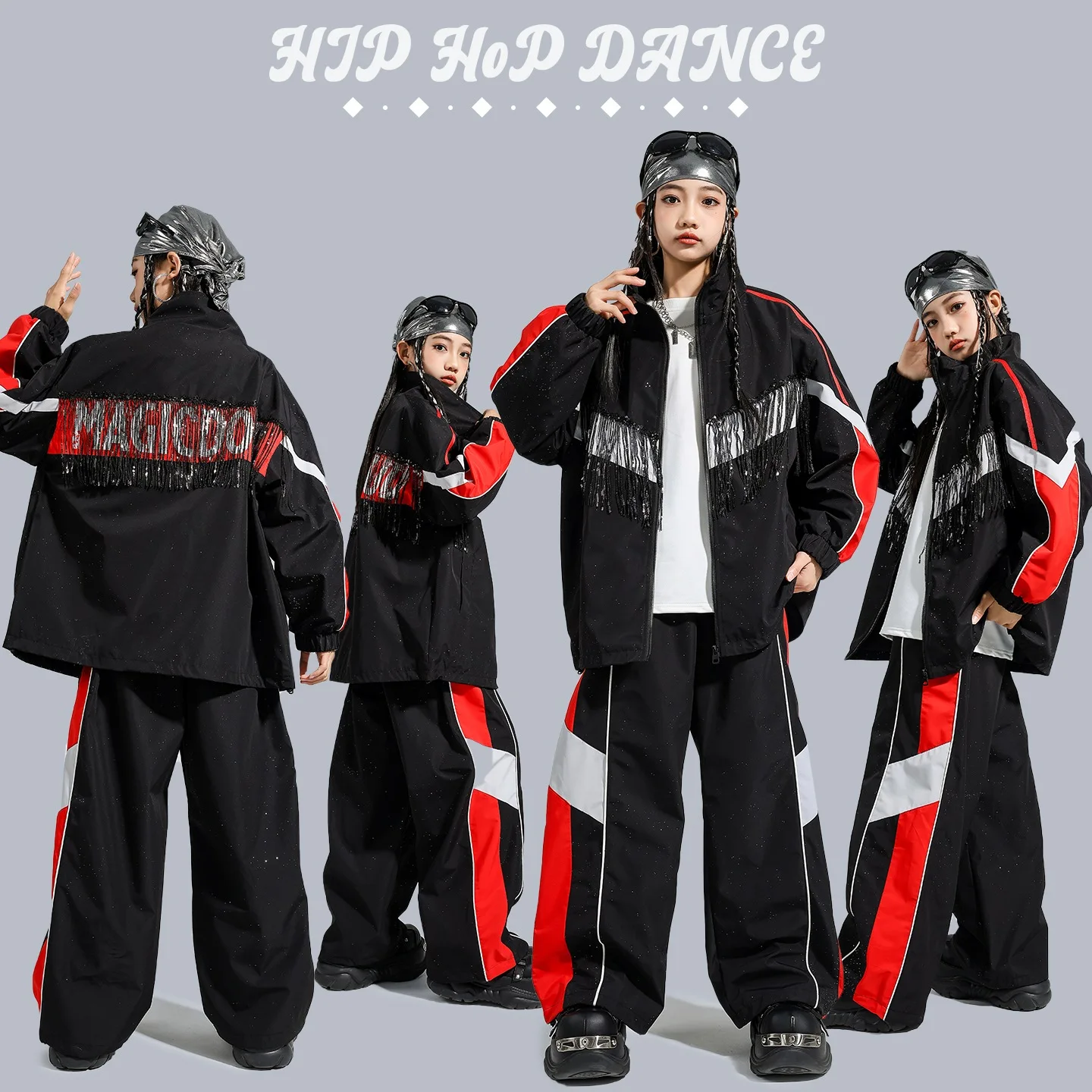 Nuovi bambini vestiti Hip Hop Baggy Street Wear Ragazzi Drum Show Abbigliamento Nappa Cappotto Pantaloni Ragazze Costume da spettacolo teatrale BL17638