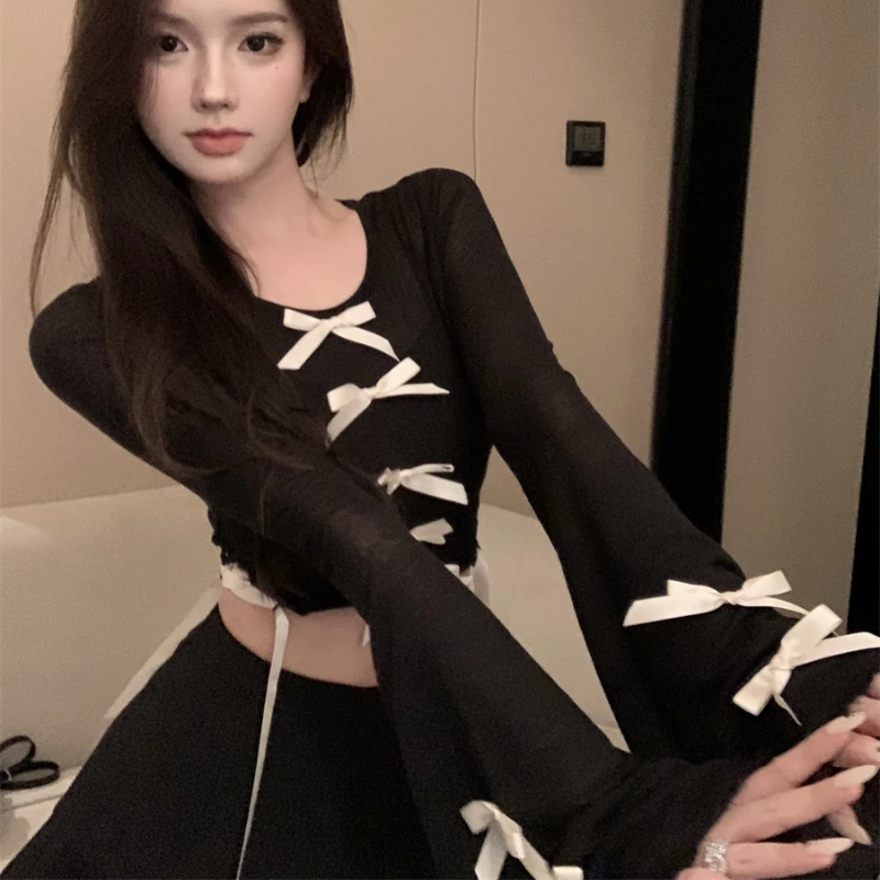 Bow T-shirt Women Autumn New Arrival O-neck Slimming Flared Sleeve Long-sleeved Short Tops Korean Style Hotsweet Female Tops