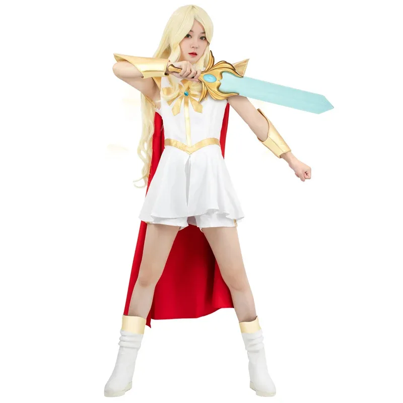 She Ra Cosplay Costume Power Princess She Ra Cosplay Dress With Red Cloak White Dress Uniform Set Women Carnival Party Costumes