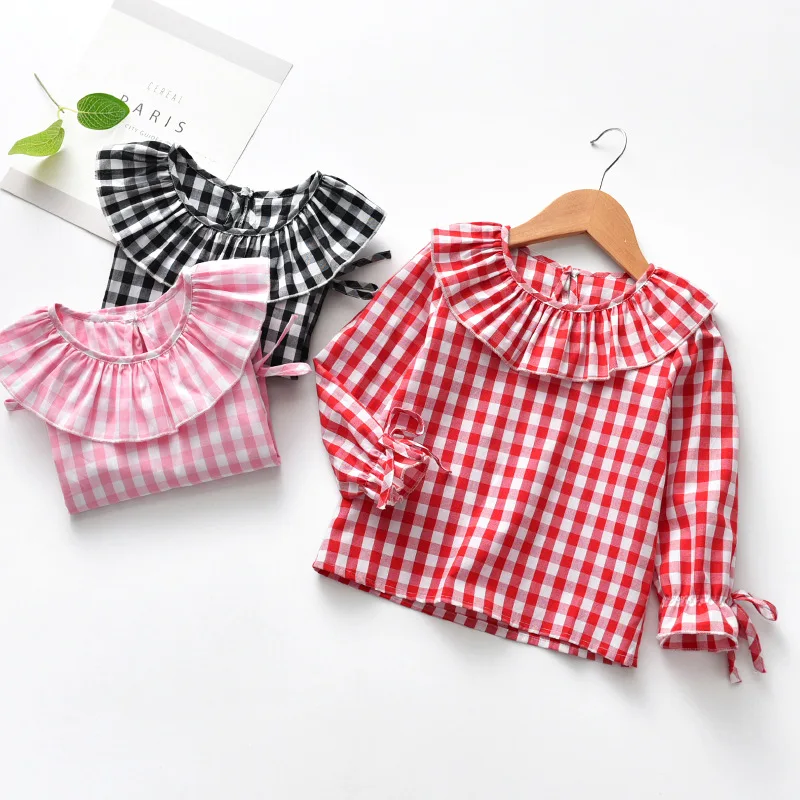 

2025 Spring Baby Girls Full Sleeve Blouse Children Checkered Ruffles Collar Shirt Top Kids Flare Jumper Clothes