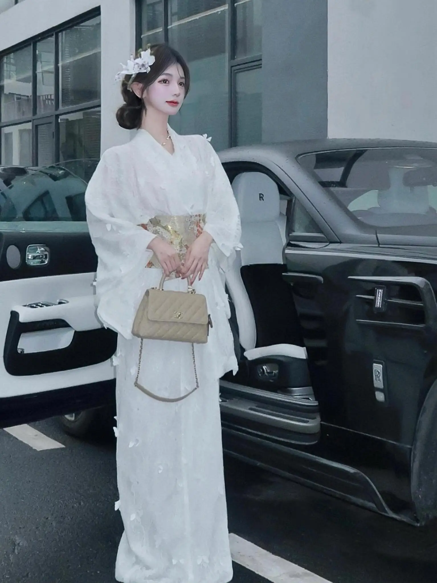 여성용 이너 라이너가 있는 이중 레이어 레이스 기모노 의상 loween Bla 갱스터 테마 로맨틱 젠틀 화이트