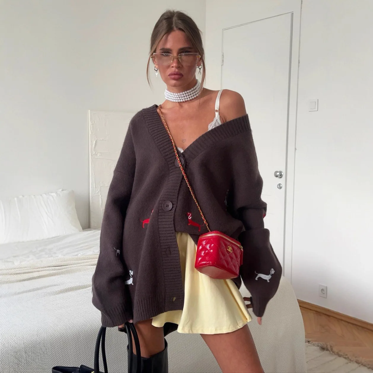 

Casual Printed Brown Women Cardigan Elegant V Neck Embroidery Long Sleeve Female Sweater 2025 Autumn Lady All-match Outwear