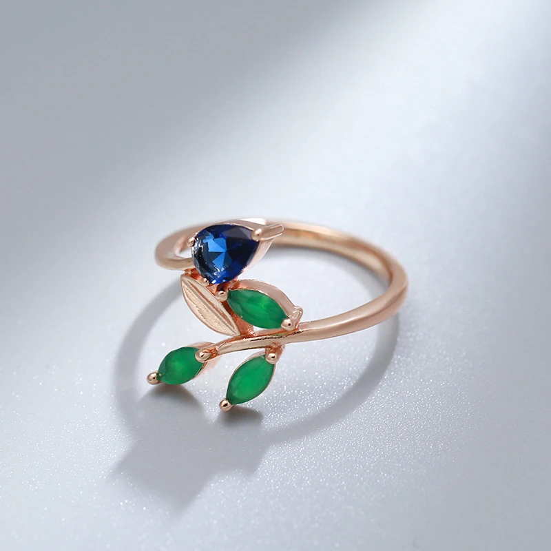 SYOUJYO Green Leaf Zircon Rings For Women Copper Fine Jewelry