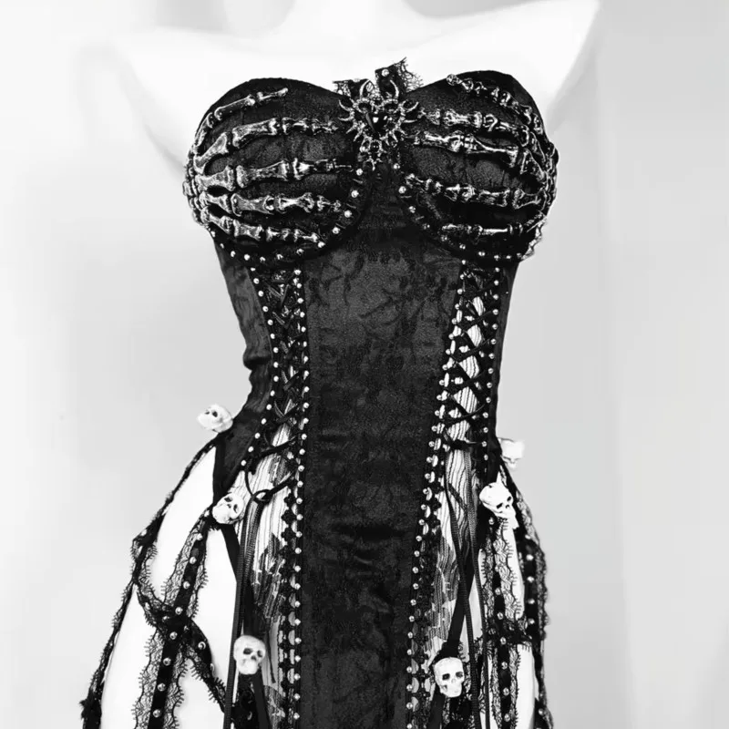 

Handmade Halloween Punk Goth Skull Black Strap Drawstring Corset Lace Tassel Tube Top Long Trailing Skirt Bloomers For Women