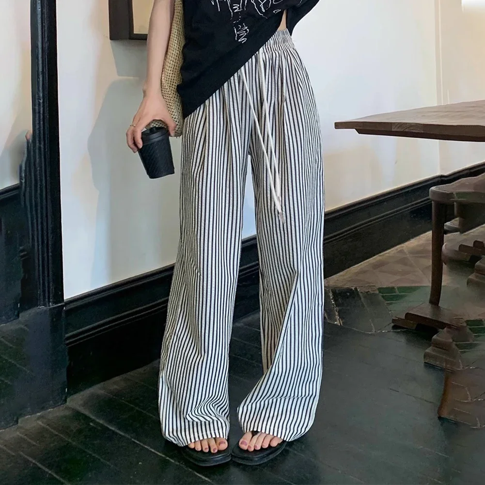 Drawstring Black White Vertical Striped Casual Pants Women Spring Summer New Korean Loose Drape Long Pants Wide Leg Pants