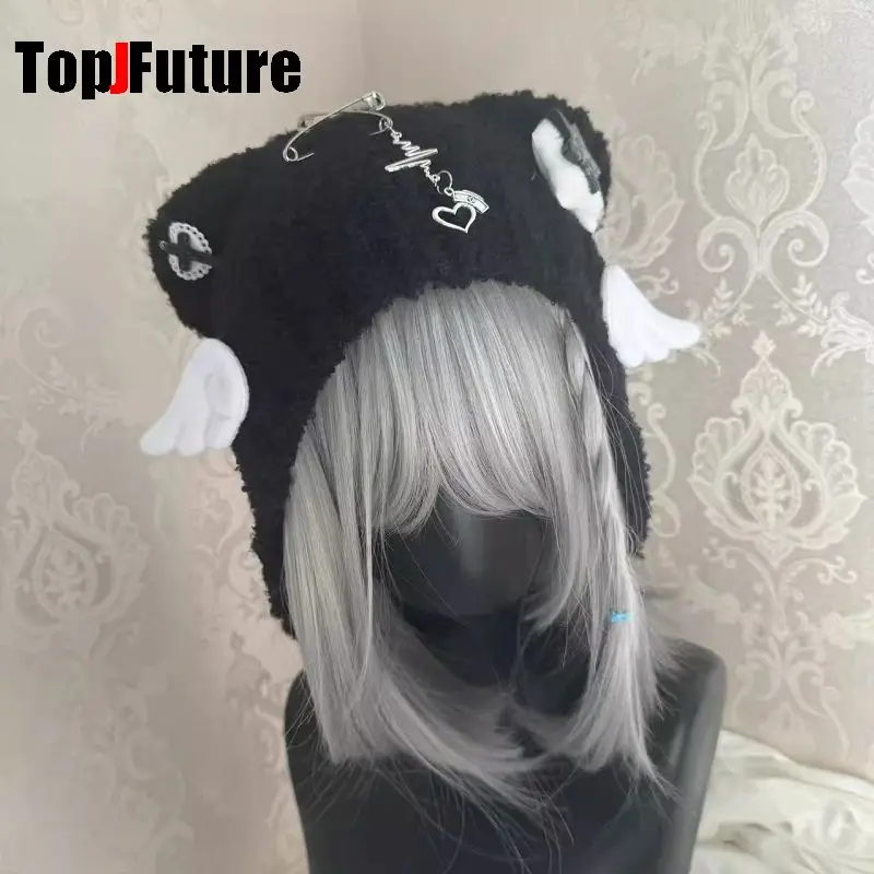 Women\'s Harajuku Steampunk Y2K Gothic Japanese Soft Girl Dilei Series  Little Angel Wings Bear ear knitted hat wing  bone