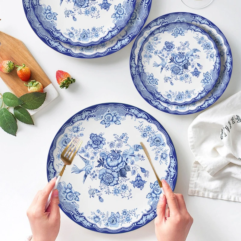 

Retro blue and white ceramic plates and bowls bone china tableware set household dishes desserts and Western dishes home decor
