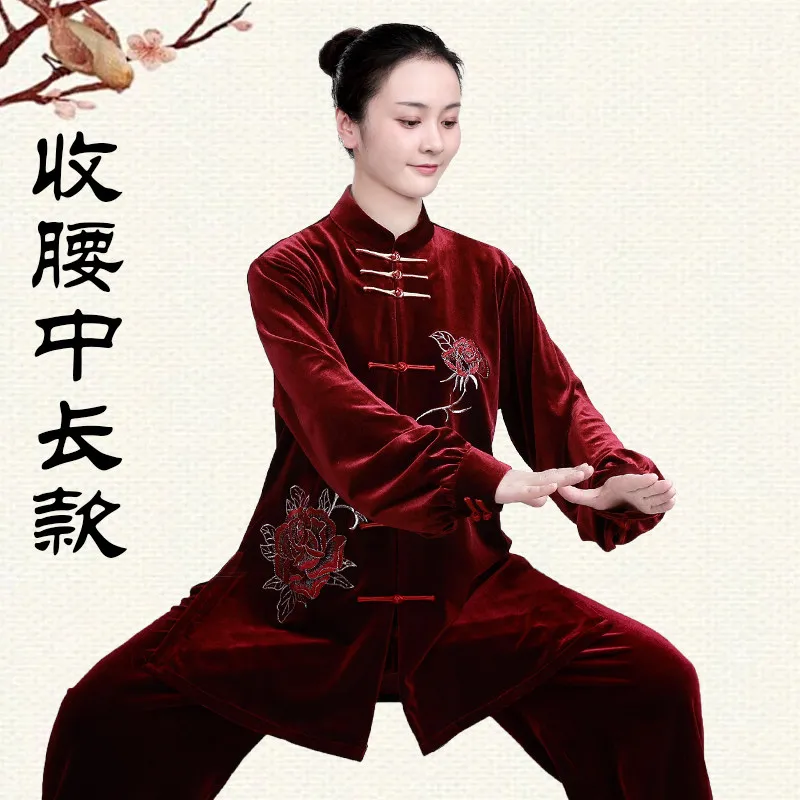 Martial Arts Tai Ji Suit Female    Clothes Thickened Pleuche Eight Sections Brocade Exercise Clothing Embroidered Peony