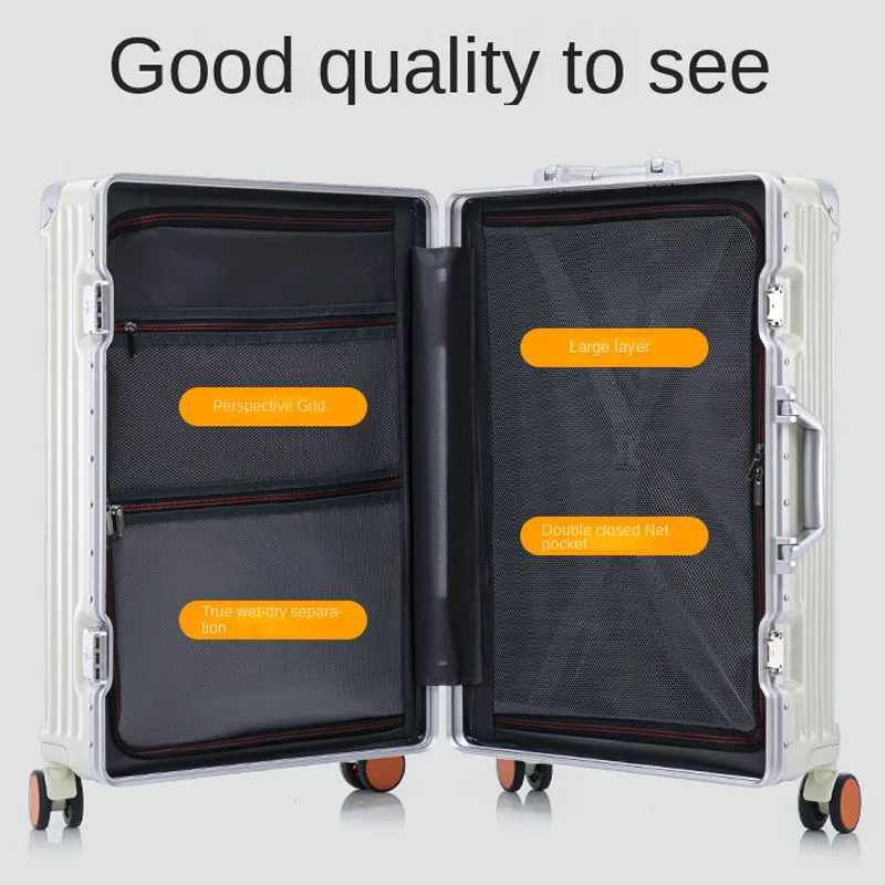 Aluminum Frame Suitcase Male and Female Luggage with USB Phone Holder 20/24/26 Inch Password Trolley Case Suitcase Trip Cabin