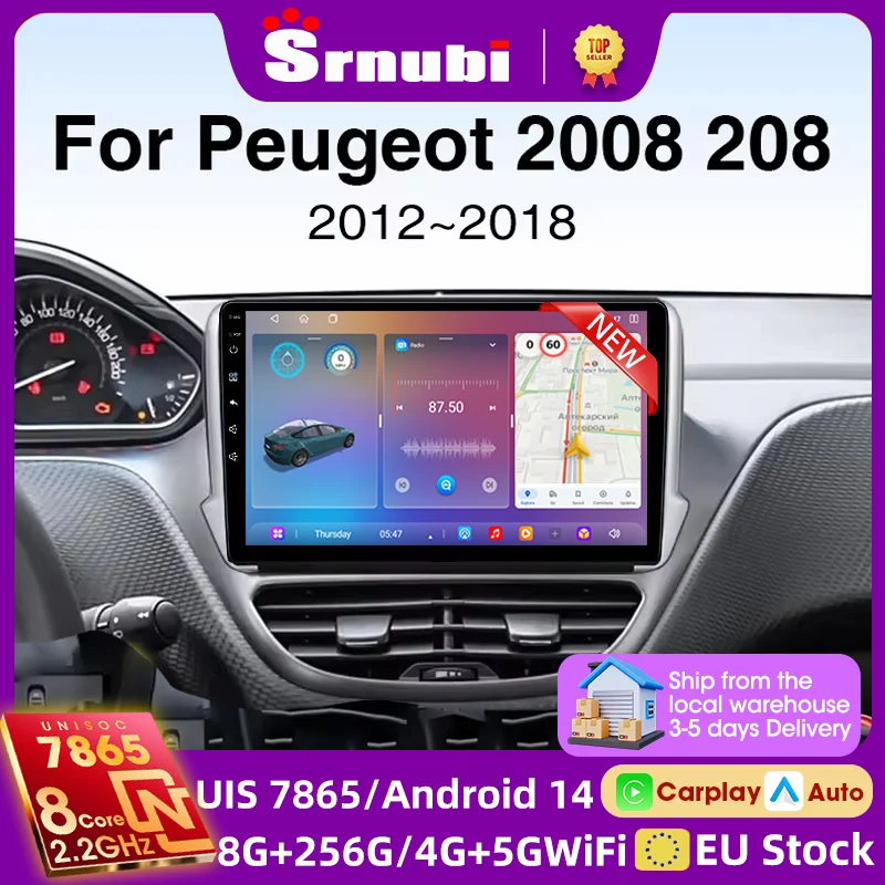 Autoradio Android 14 avec CarPlay sans fil et Android Auto pour Peugeot 208 2008 2012-2018, lecteur multimédia, navigation GPS, stéréo 2din