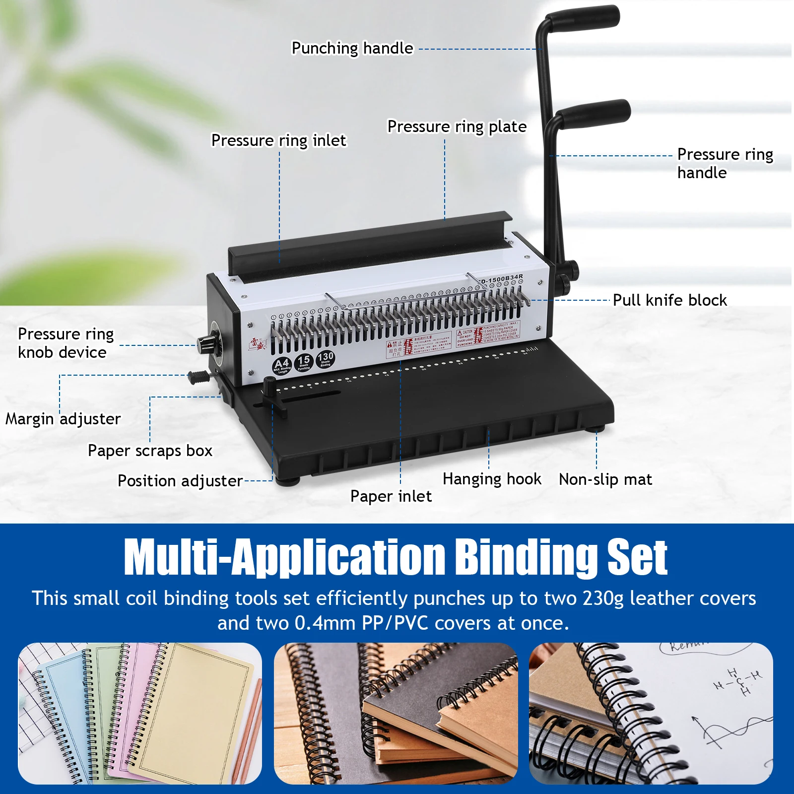 

1500B34R Round Hole Binding Machine Punch 15 Sheets/Bind 130 Sheets Modern Commercial Binding Machine for Home & Office