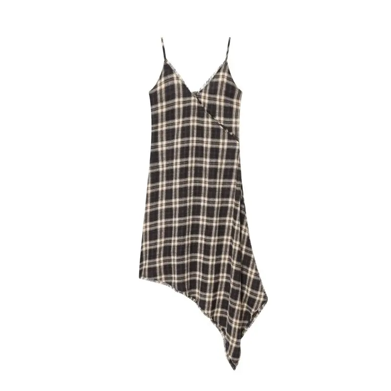 Sexy Halter Dress A-Line Asymmetry Hem Lace Edge Party Elegant Lady Thin Dress Simple Plaid Fashion Sleeveless Streetwear