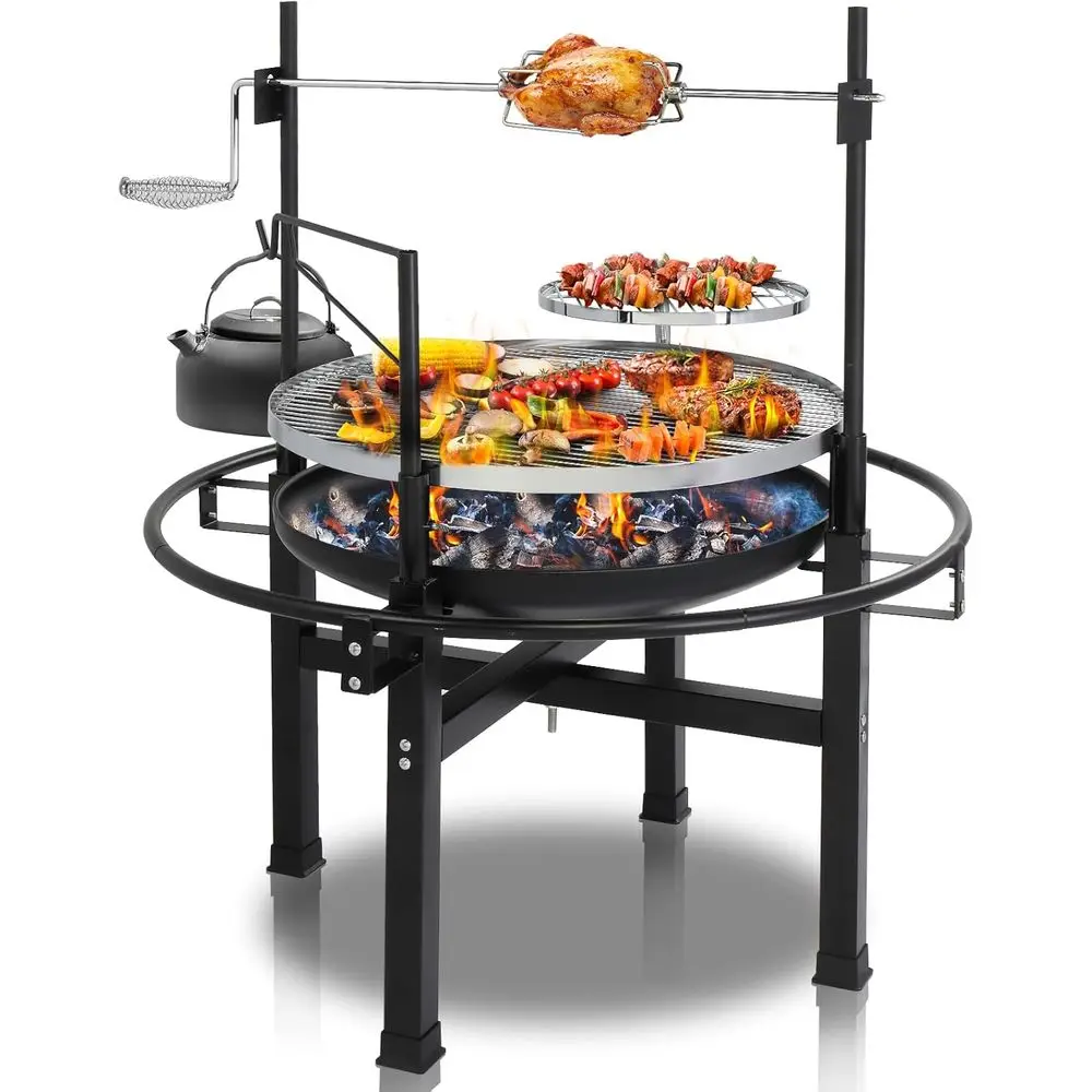 33 Inch 2 in 1 Fire Pit with Grills, Adjustable Swivel Grate | Wood Burning, Adjustable Swivel Cooking Grate, or Outside BBQ Pat