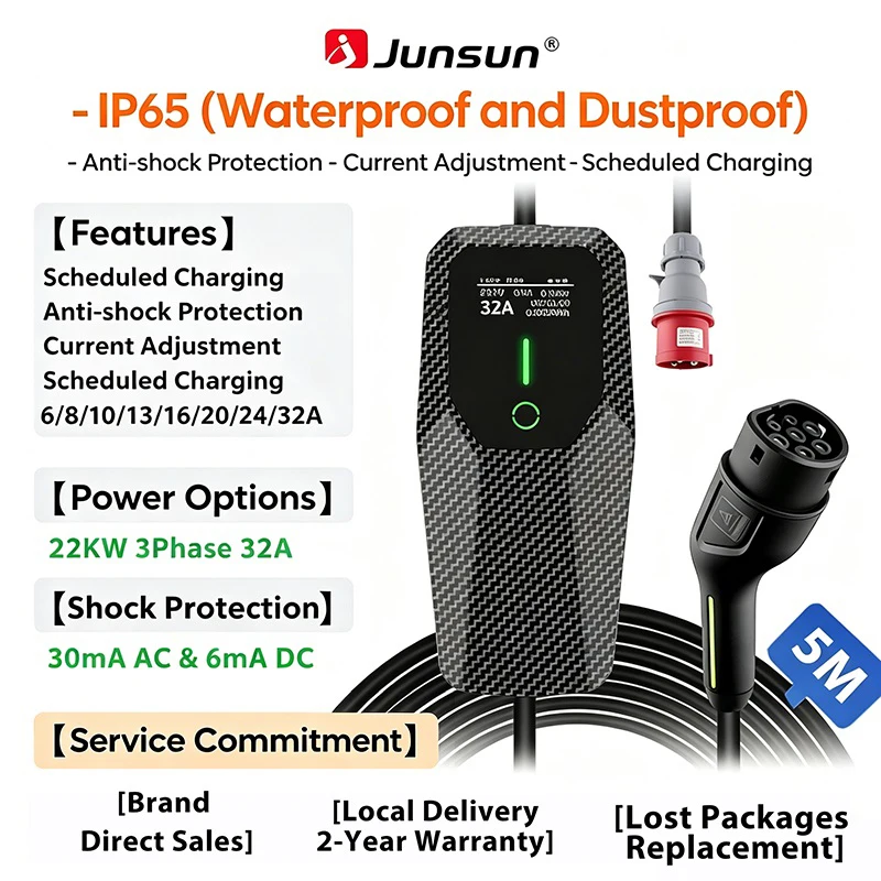Junsun Type 2 Draagbare EV-lader 6A 8A 10A 13A 16A 20A 24A 32A Stroomregelbaar IP65 1 & 3 Fase Waterdicht 3 6KW 7KW 11KW 22KW Compatibel met geplande laadfunctie Touchscreen bedieningspaneel 2 jaar