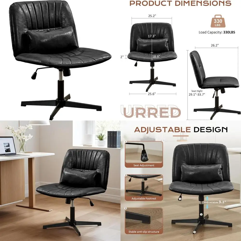 

Adjustable Height Armless Office Chair, Cross-Legged Desk Seat with Wide Cushion for Home or Bedroom (Black)