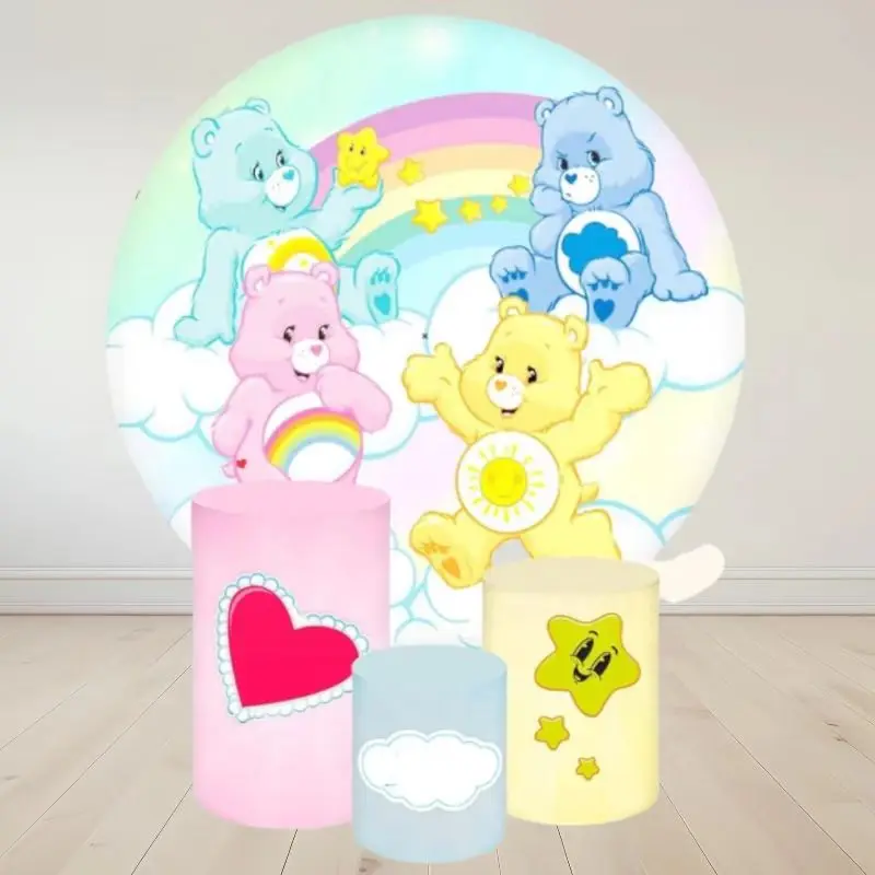 Care Bear Carebear Round Backdrop 3 Cylinder Cover 4 Piece Background Photography Baby Shower Girl Birthday Party Dessert Table