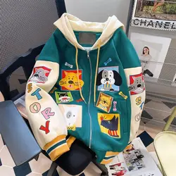 Contrasting color hooded sweater female autumn plus size loose couple age-reducing cartoon embroidery cardigan coat