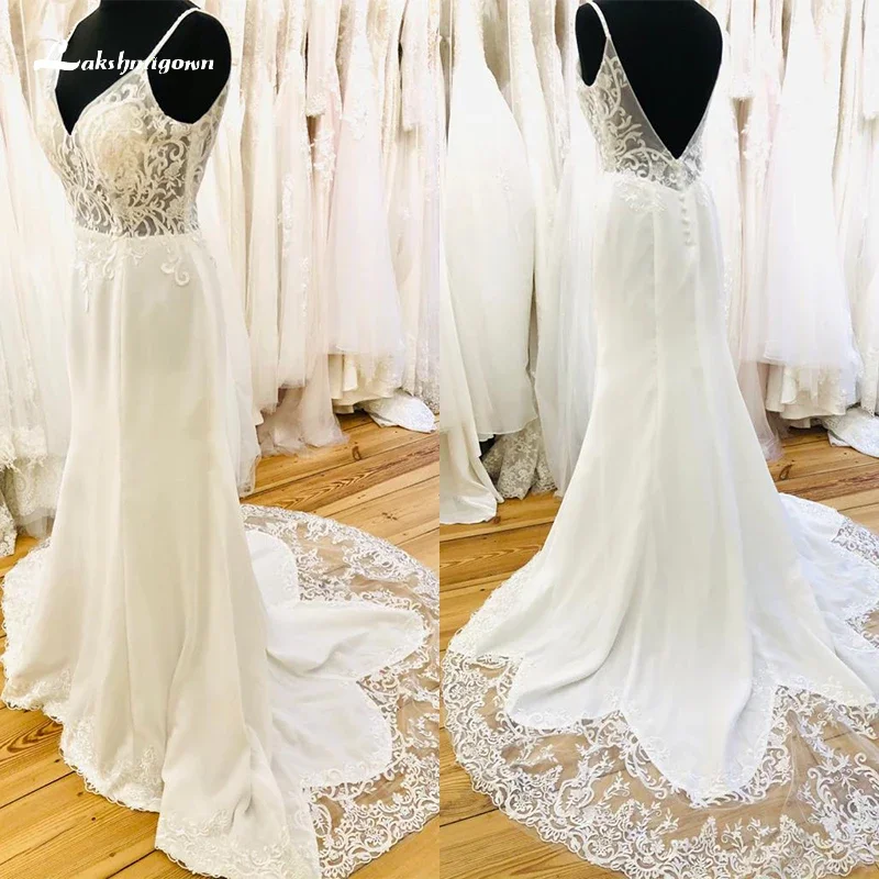 

Boho Sexy Spaghetti Straps Backless Lace Mermaid Chiffon Wedding Dress V-neck Bridal Gown Beach Bridal Gown Sweep Robe de mariee
