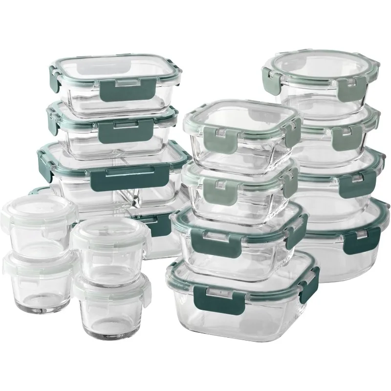 Premium 32-Pc. Borosilicate Glass Food Container Set with Dividers - 4 Rectangles, 8 Rounds, 4 Squares