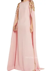 Vintage Long Pink O Neck Crepe Evening Dresses with Cape Gold Appliques Straight Slit Floor Length فساتين الحفلات for Women